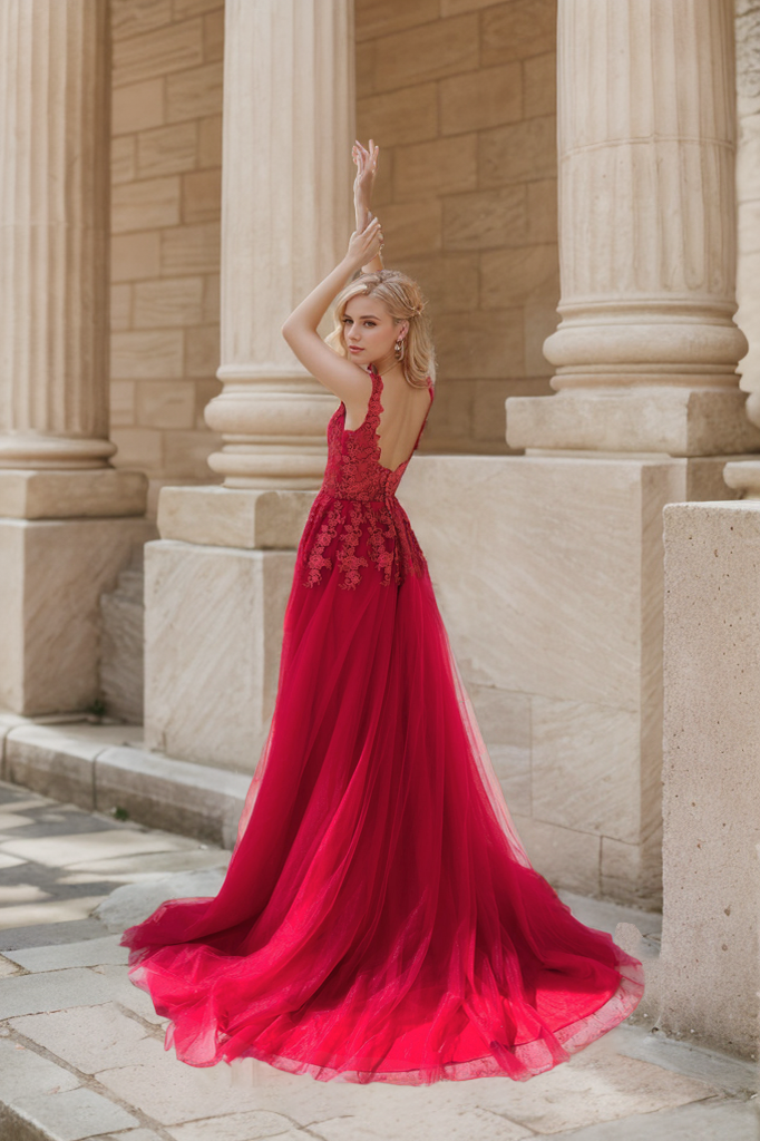 Mysteria - Ruby red deep V-neck lace soft tulle prom dress colored wedding dress SelenaHuanStudio