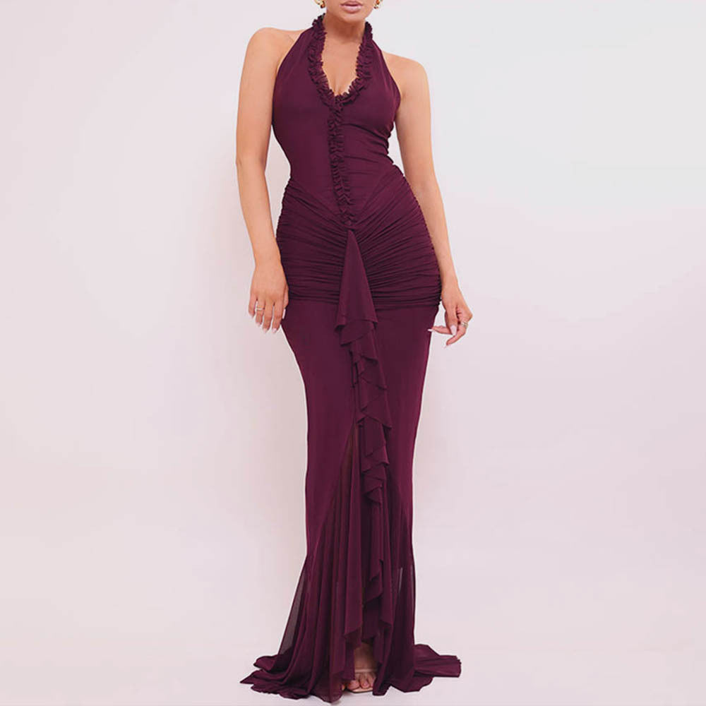 Arrival Sexy Halter Dress Summer Deep V Plunge Ruffled Slit Pleated Dress Bella Mia