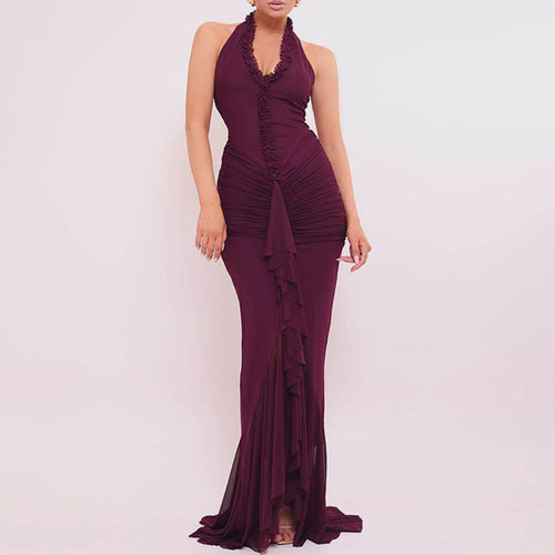 Arrival Sexy Halter Dress Summer Deep V Plunge Ruffled Slit Pleated Dress Bella Mia