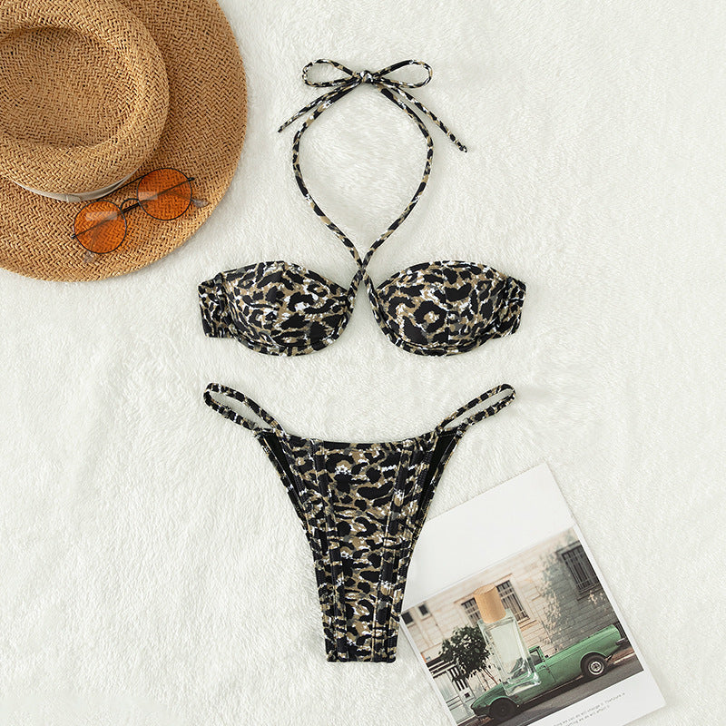 Leopard Print Lace up Swimsuit Steel Bracket Split Suit Sexy Bikini Swimsuit Bella Mia