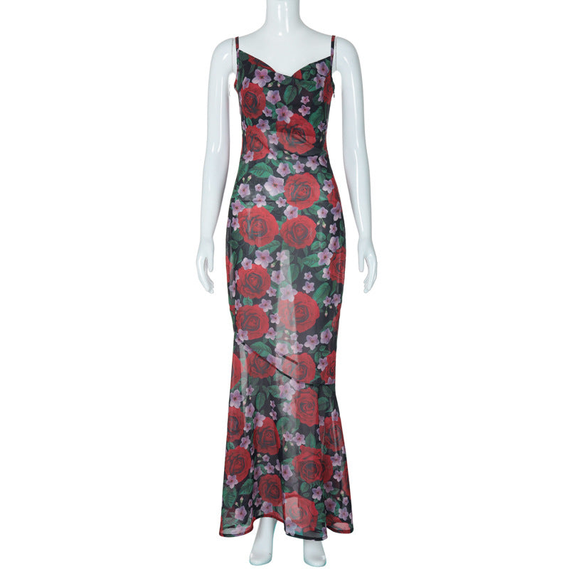 Spring Fashionable Sexy V neck Elegant All Match Slim Fit Long Printed Cami Dress for Women Bella Mia