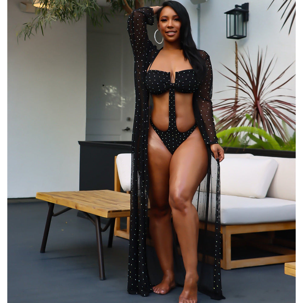 Summer Women Sexy Mesh Perspective Rhinestone Long Sleeve Swimsuit Cloak Bella Mia