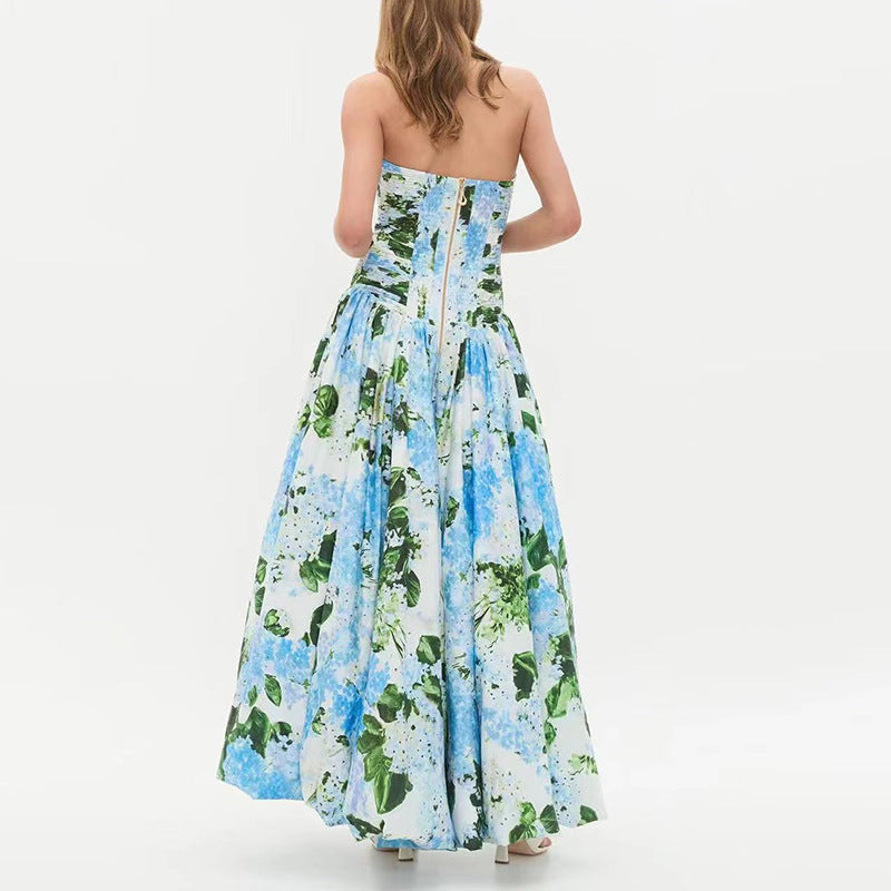 Seaside Vacation Dress for Women Summer Fresh Printed Sleeveless Tube Top Tight Waist Slimming Slit Maxi Dress