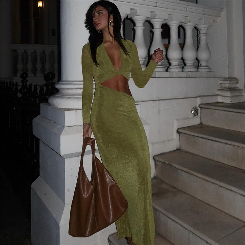Autumn Winter Women Clothing Sexy Deep V Plunge neck Solid Color Slim Fit Sheath Long Sleeve Dress Women Bella Mia