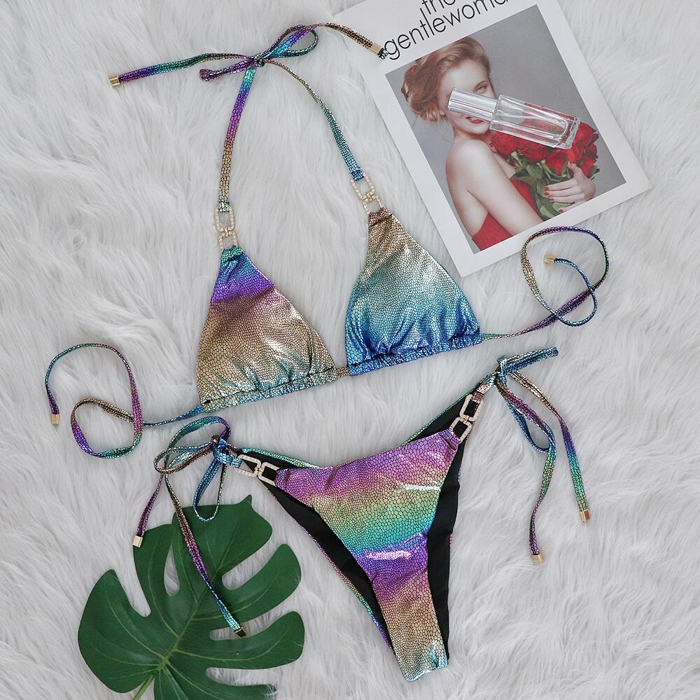 Metallic Coated Fabric Sexy Bikini Set Colorful Snake Pattern Bronzing Split Strap Women Swimsuit Rhinestone Accessories Swimsuit Bella Mia