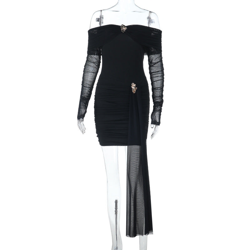 Sexy Short off Shoulder Sexy Backless Mesh Stitching Long Sleeve Dress Bella Mia