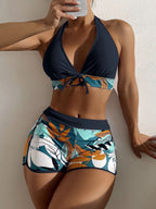 Swimsuit Women Split High Waist Boxer Lace Printing Solid Color Stitching Swimsuit Bella Mia