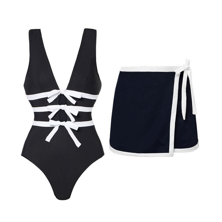 Black White V neck Bow Hollow Out Cutout out Swimsuit Women Slimming Bella Mia