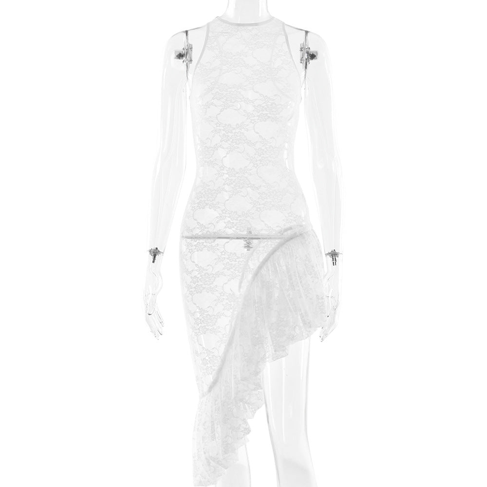 Sleeveless round Neck Dress Summer Sexy Lace See through Irregular Asymmetric Maxi Dress Women Bella Mia