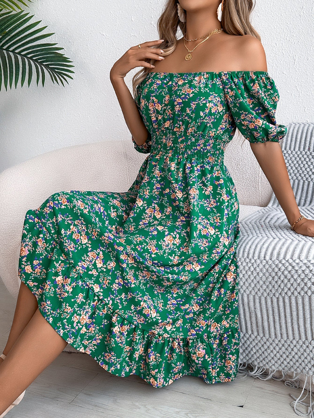 Spring Summer Floral Square Collar Short Sleeve Waist Controlled Ruffled A line Women Clothing Bella Mia