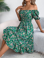 Spring Summer Floral Square Collar Short Sleeve Waist Controlled Ruffled A line Women Clothing Bella Mia