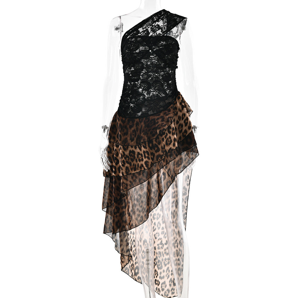Sexy Leopard Print Chiffon Dress Sexy Backless Lace Stitching Dress Bella Mia
