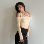 Women Clothing Autumn Sexy off Neck Solid Color Halter Cropped Long Sleeve Top for Women Bella Mia