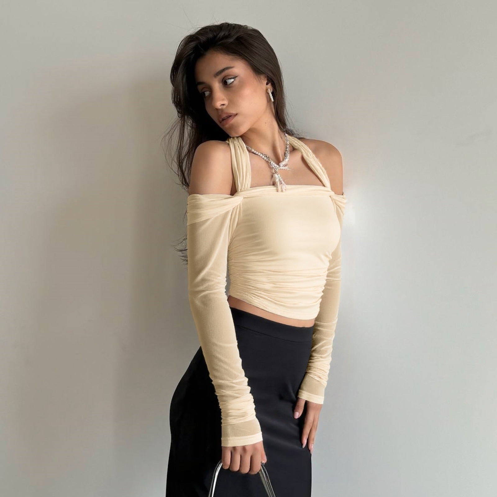 Women Clothing Autumn Sexy off Neck Solid Color Halter Cropped Long Sleeve Top for Women Bella Mia
