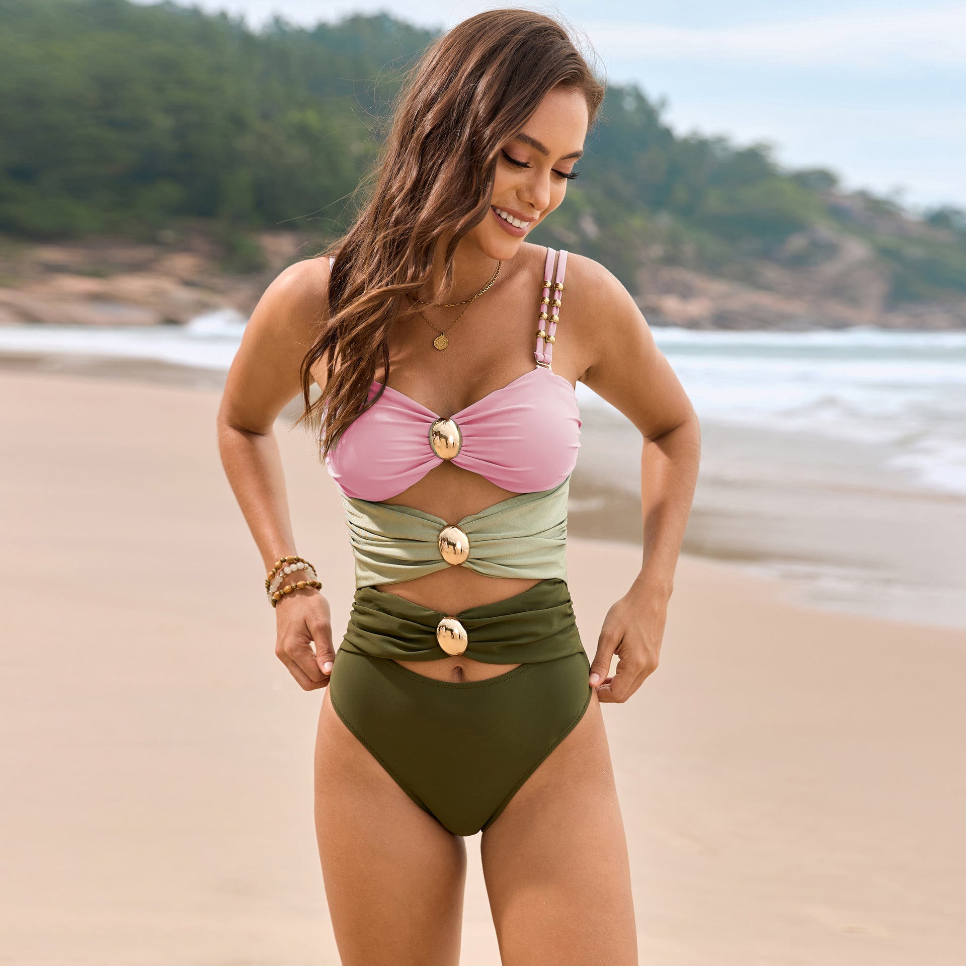 Swimsuit Solid Color Stitching Metal Buckle Swimsuit One Piece Swimsuit Bella Mia