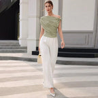 Summer Women Clothing Solid Color Simple Personality Diagonal Collar Sleeveless Cinched Slimming Pullover Women Bella Mia