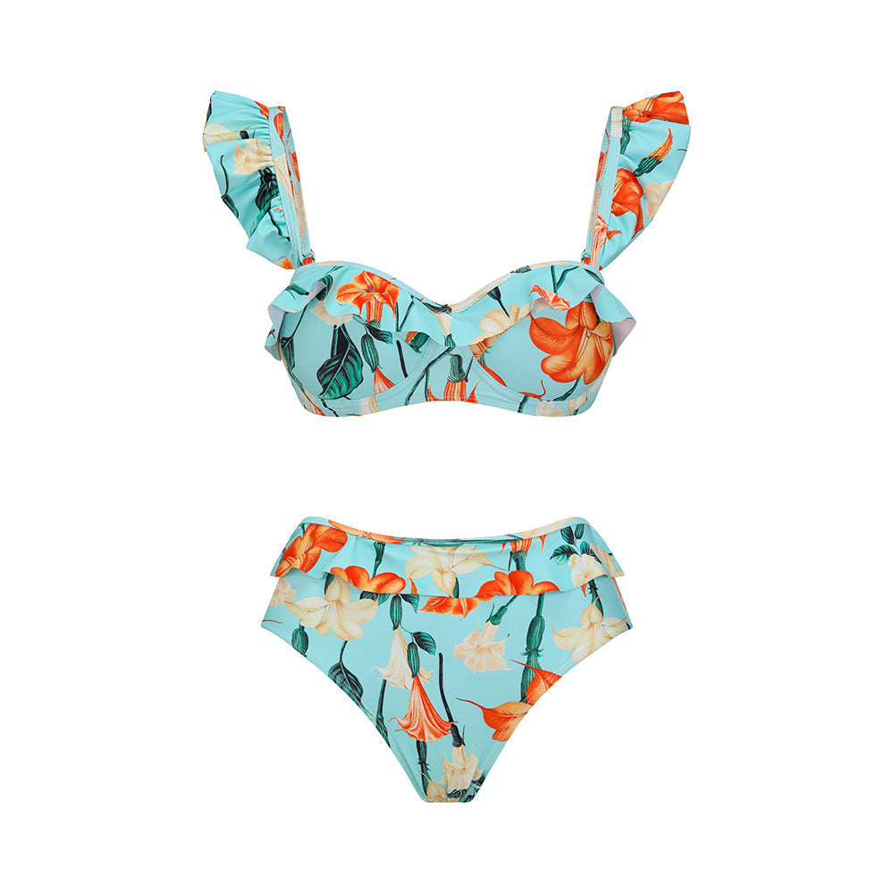 Split Bikini Lotus Sleeve High Waisted Trousers Sexy Slimming Swimsuit Women Bella Mia