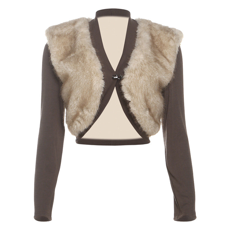 Autumn Winter Women Clothing Sexy Cropped Ultra Short Contrast Color Plush Stitching Small Cardigan Coat for Women Bella Mia