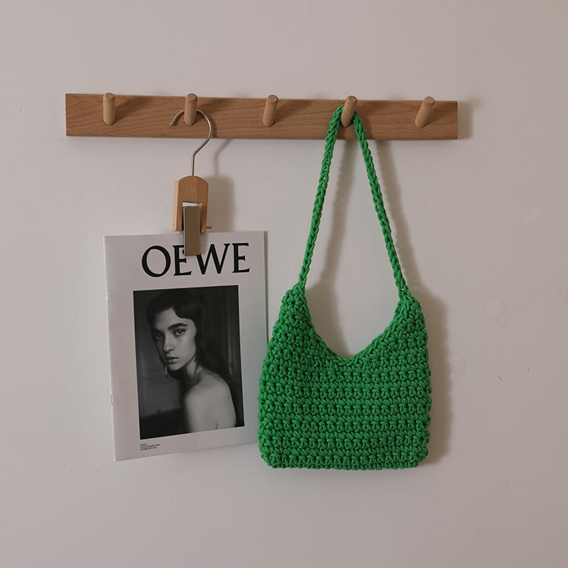 Single Shoulder Cotton Thread Woven Bag Solid Color Single Shoulder Women Bag Casual Underarm Bag Vacation Beach Bag Bella Mia