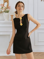 Women Clothing Rose Front Button Elegance Sleeveless round Neck Waist Trimming Elegant Dress Bella Mia