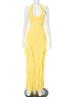 Women Clothing Sleeveless Backless Halter Lace up Bilateral Ruffled Maxi Dress Bella Mia
