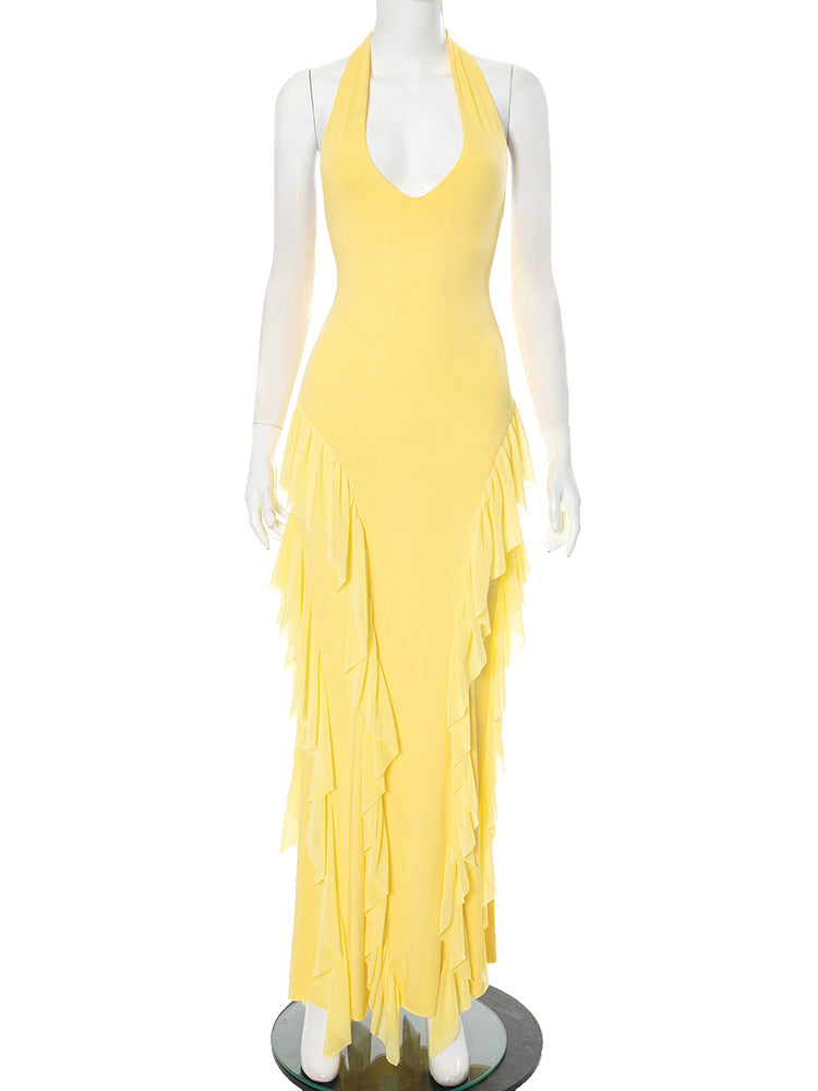Women Clothing Sleeveless Backless Halter Lace up Bilateral Ruffled Maxi Dress Bella Mia