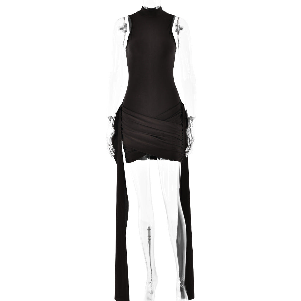 Spring Dress Sexy Solid Color round Neck Sleeveless Hip Bag Lace Bella Mia