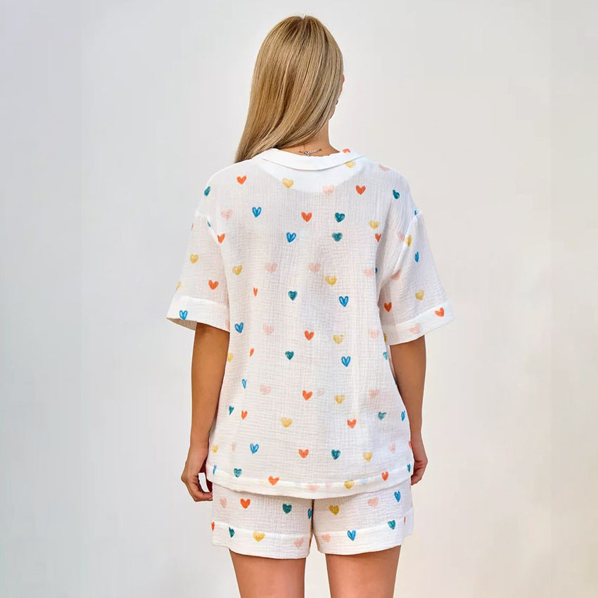 Summer Layer Crepe Heart Printing Pajamas Two Piece Cardigan Half Sleeve Shorts Women Homewear Bella Mia