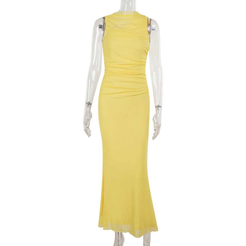 Autumn Solid Color Maxi Dress Fashionable Elegant Slim Mesh Vest Dress