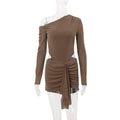 Women Clothing Autumn Sexy Diagonal Collar Solid Color Lace up Faux Two Piece Pleated Long Sleeve Narrow Dress Bella Mia