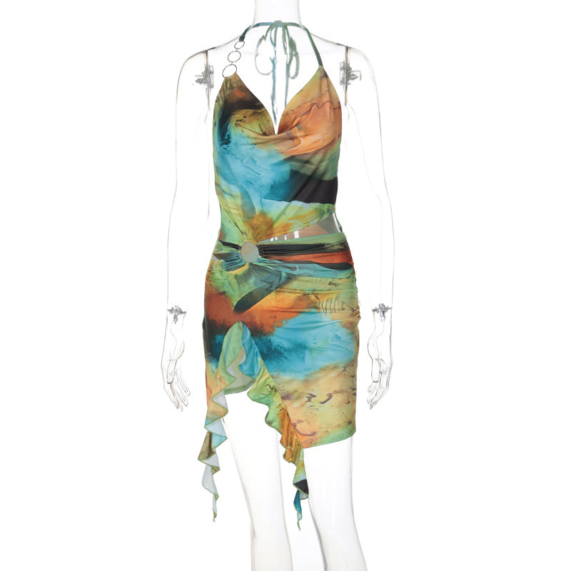 Women Clothing Summer Printing Sexy Backless Lace up Dress Bella Mia