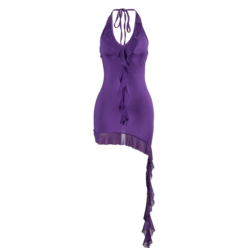 Summer Solid Color Sleeveless Halter Lace Up Wooden Ear Mesh Stitching Women Dress Bella Mia