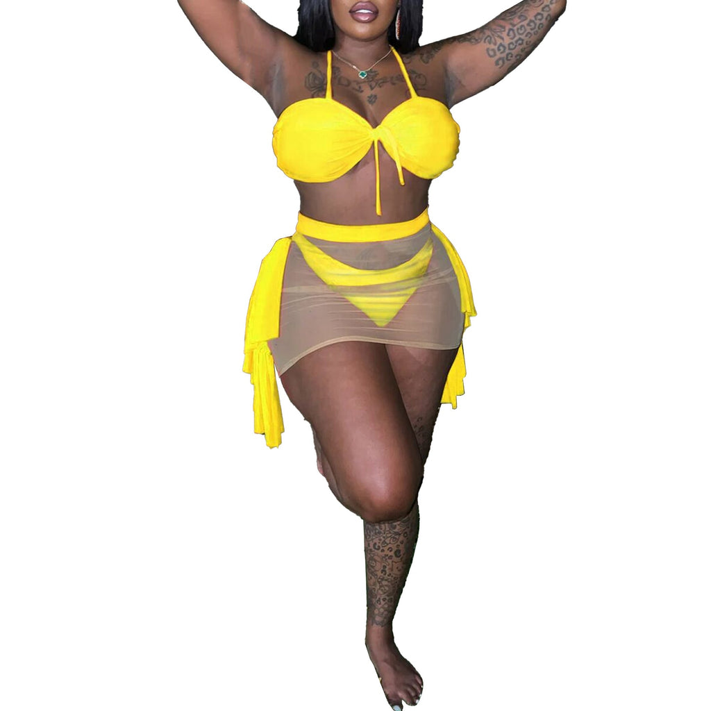 Sexy Solid Color Mesh Stitching See through Halter Strap Lace Swimsuit Three Piece Set Bella Mia