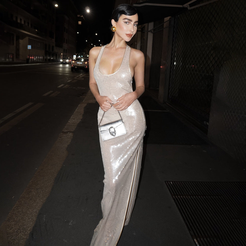 Spring Sexy Women Wear Spaghetti Straps Sleeveless U Collar Slim Fit Sequined Dress Bella Mia