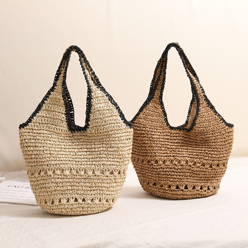 Large Capacity One Shoulder Straw Bag Casual Hollow Out Cutout Portable Straw Bag Woven Bag Women Seaside Vacation Beach Bag Bella Mia