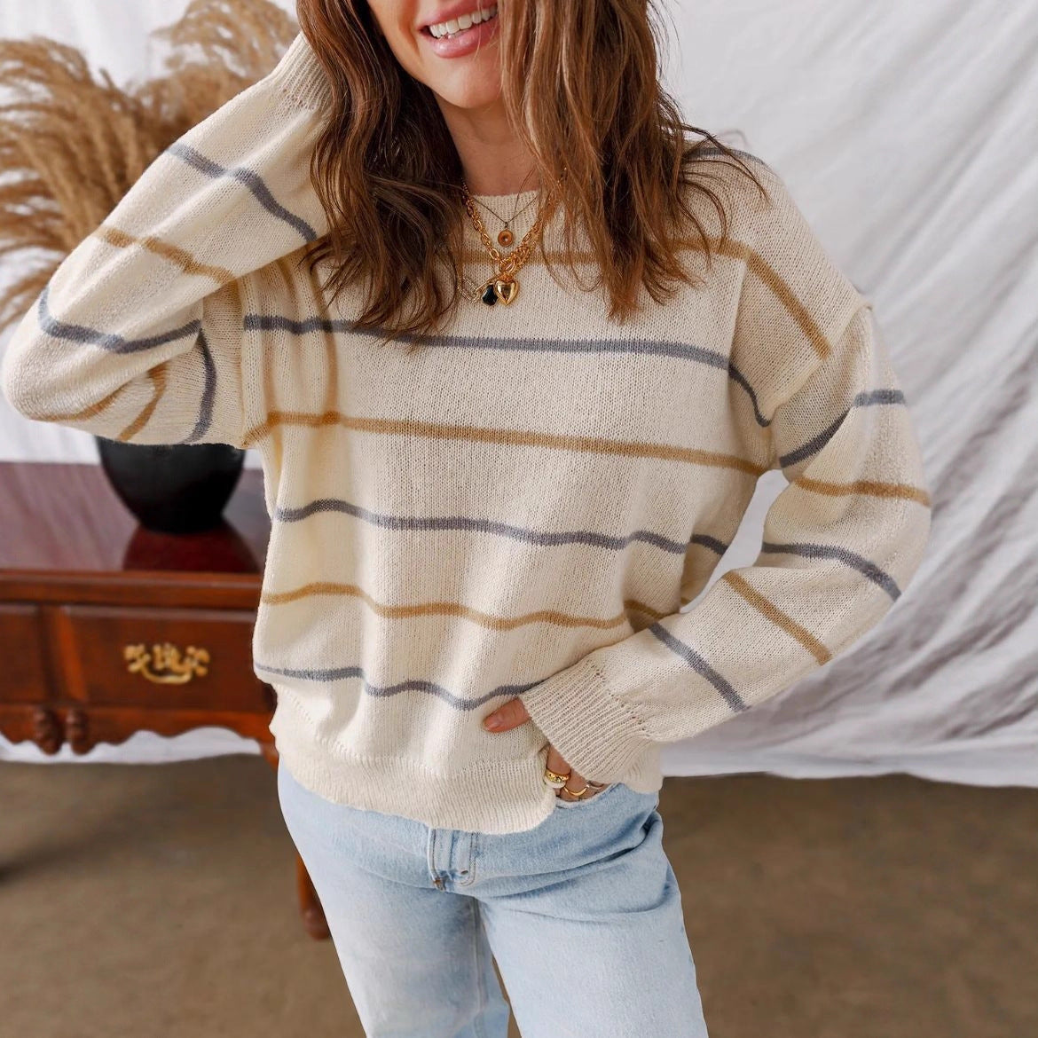 Women Casual Color Striped Pullover Long Sleeve Loose Sweater Bella Mia