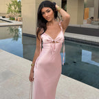 Summer Sexy V neck Lace Strap Satin Dress Sleeveless Self Tie Dress Women Bella Mia