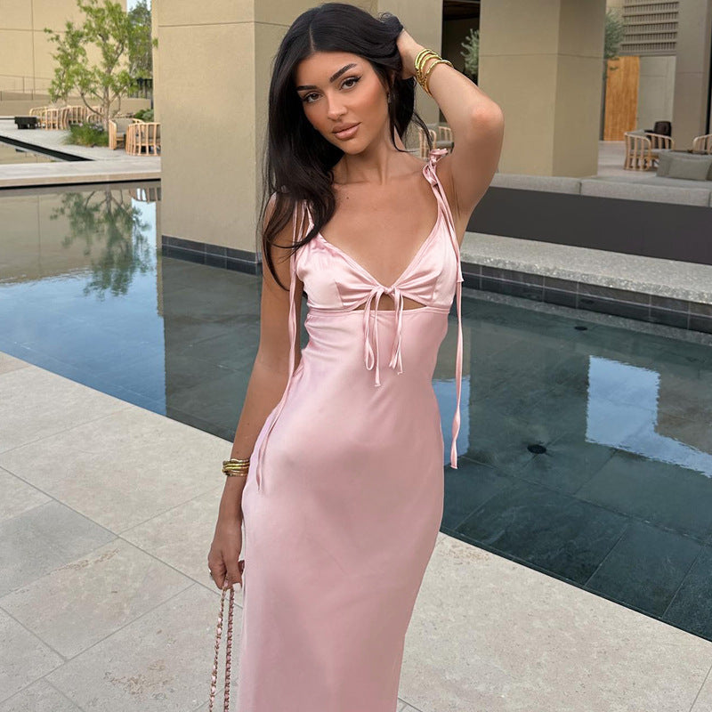 Summer Sexy V neck Lace Strap Satin Dress Sleeveless Self Tie Dress Women Bella Mia
