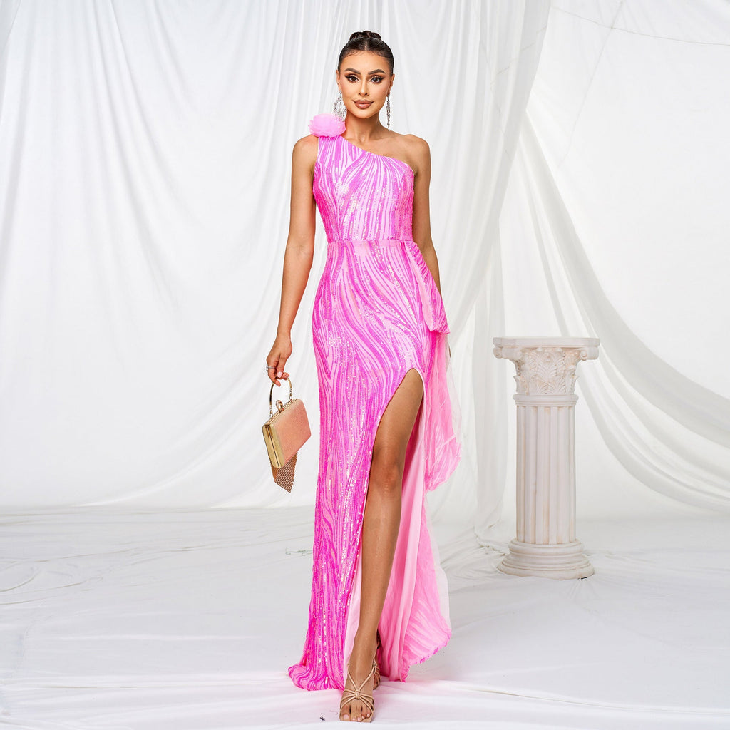 Women Clothing One Shoulder Diagonal Collar Slim Fit Sheath Sequined Split Cocktail Evening Dress Bella Mia