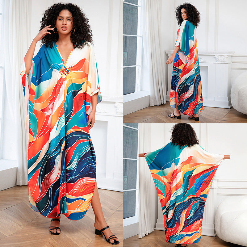 Positioning Print Holiday Loose plus Size Robe Beach Cover up Dress Bikini Cover-up Women's Clothing Bella Mia