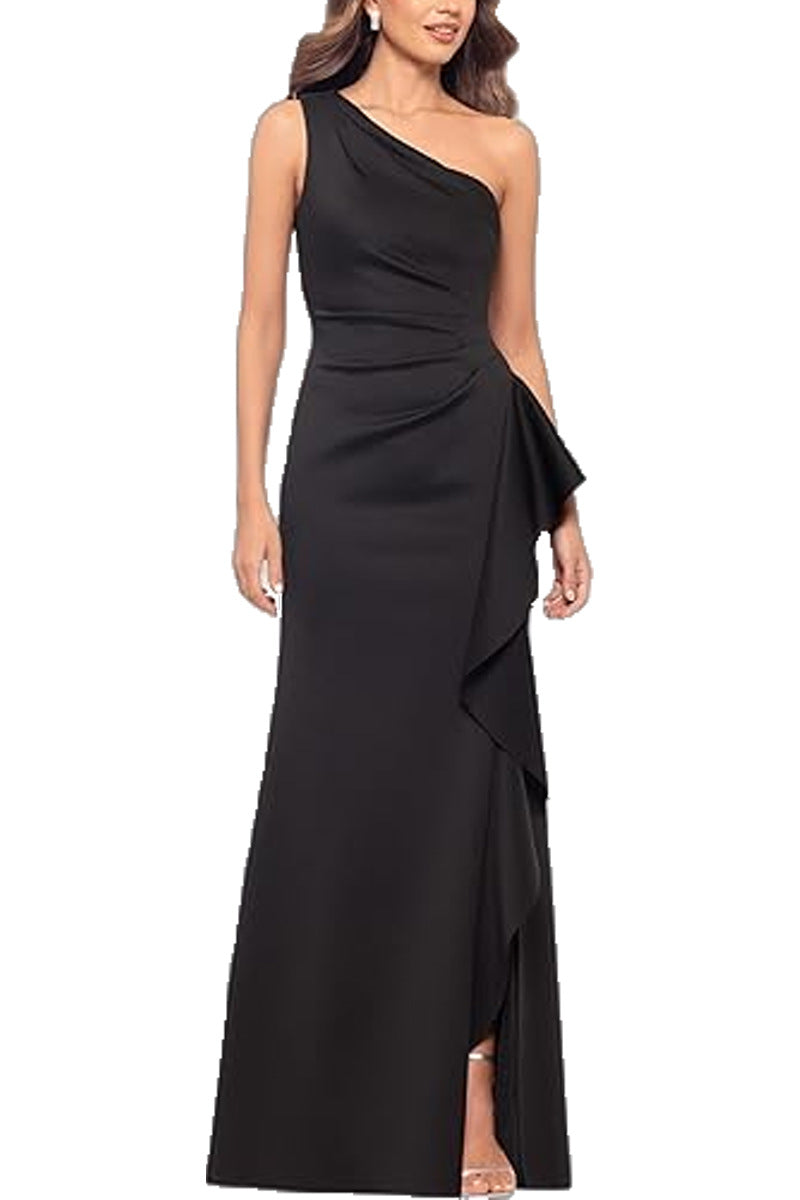 One Shoulder Elegant Solid Color Slim Waist Split Fishtail Side Ruffled Evening Dress Bella Mia