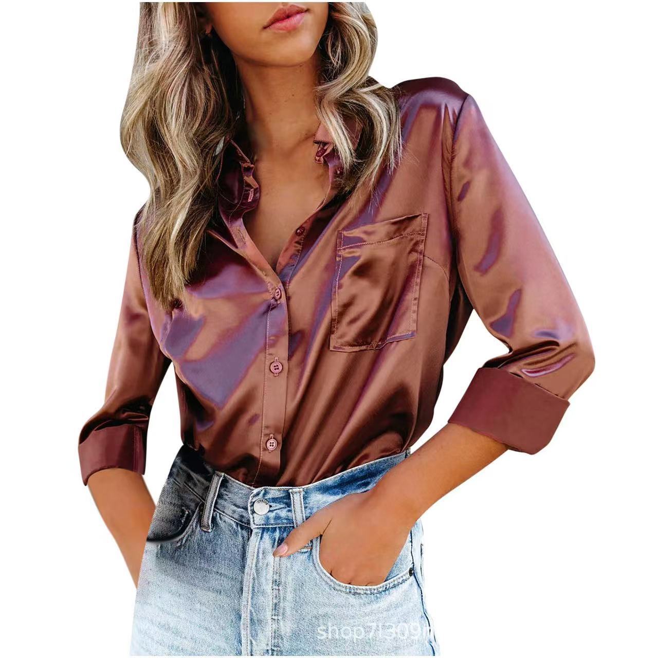 Spring Summer Solid Color Long Sleeve Office Collared Long Sleeve Shirt Solid Color Cardigan Satin Shirt Bella Mia