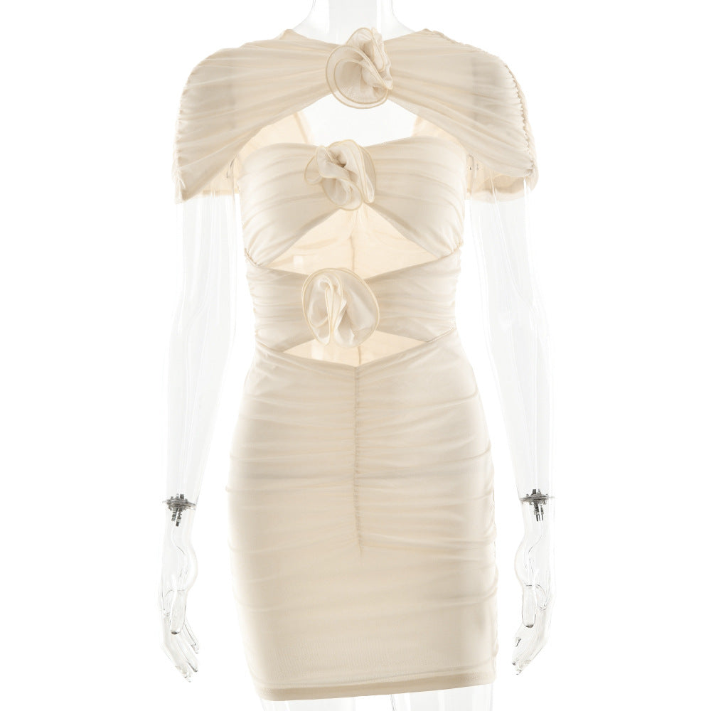 Sexy Hollow Out Cutout Sleeveless Hip Dress Elegant Floral Decorative Pleated Dress Summer Bella Mia