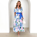 Printing Bohemian Dress Spring Summer Short Sleeves Belt a Word Dress Ladies Bella Mia