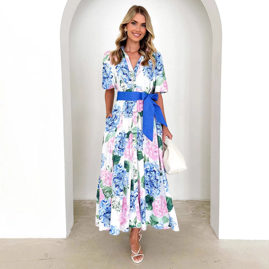 Printing Bohemian Dress Spring Summer Short Sleeves Belt a Word Dress Ladies Bella Mia