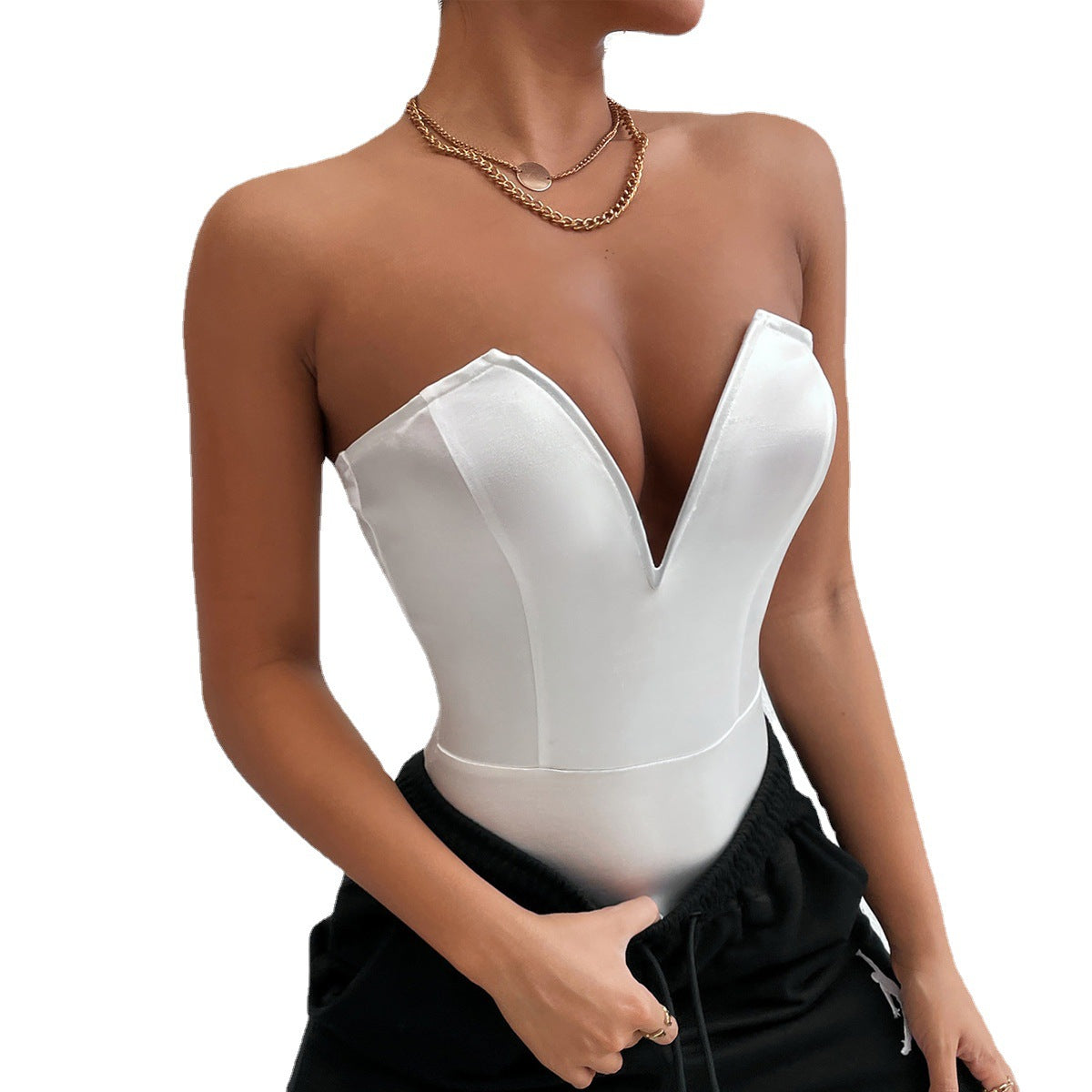 Women Tight Bottoming Shirt Slim Fit Figure Flattering Bodysuit Sexy V-neck Tube Top Bodysuit Bella Mia