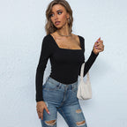 Simple Square Collar Jumpsuit Autumn Winter Belly Comfortable Wear Bottoming Top Bella Mia