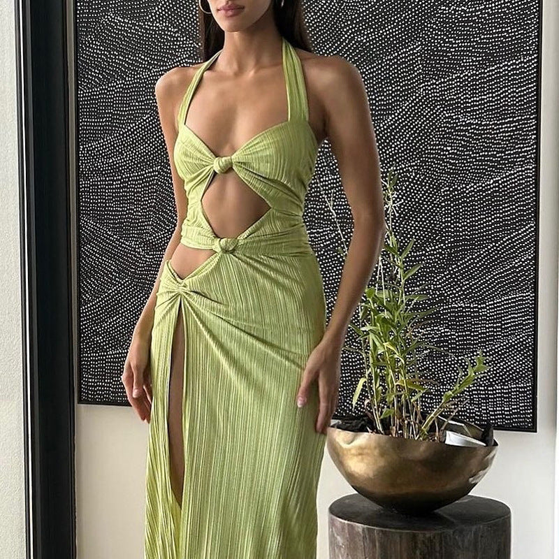 Spring Summer Women French Formal Dress Sexy Halter High Slit Dress Women Bella Mia