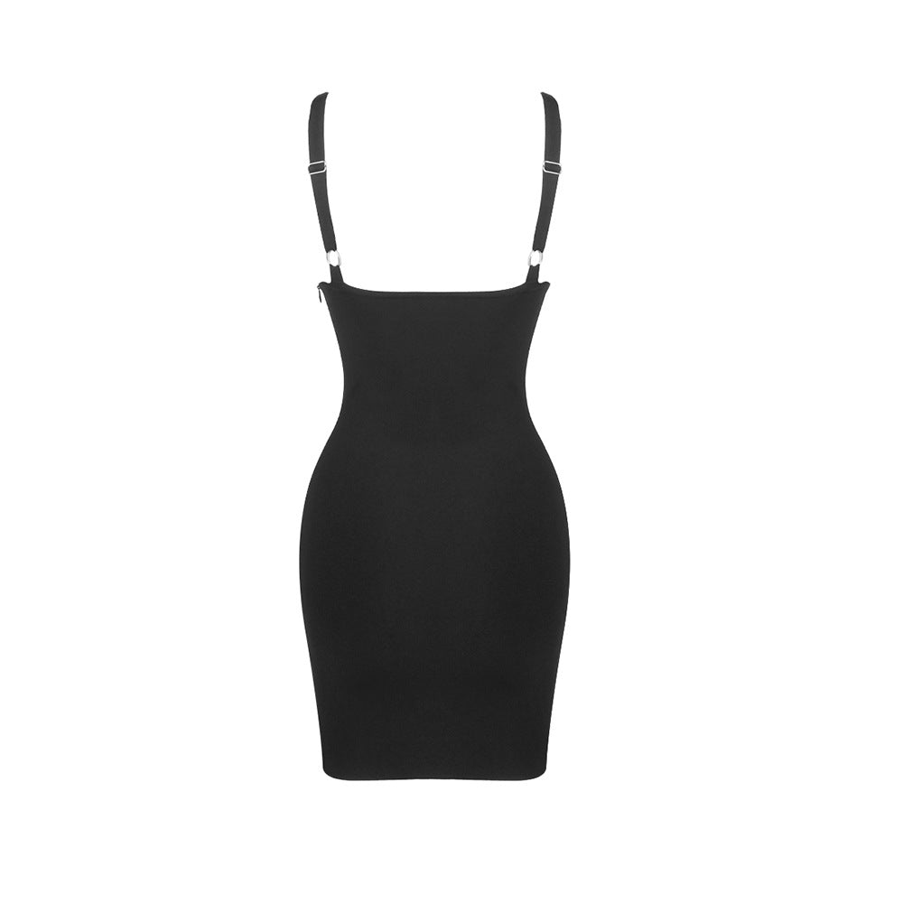 Sexy V neck Strap Zipper Furcal Lower Hem Dress Nightclub Black French Dress Bella Mia