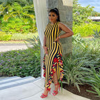 Women Clothes Stitching Printing Striped Stitching Wooden Ear Sleeveless Vest Dress Bella Mia